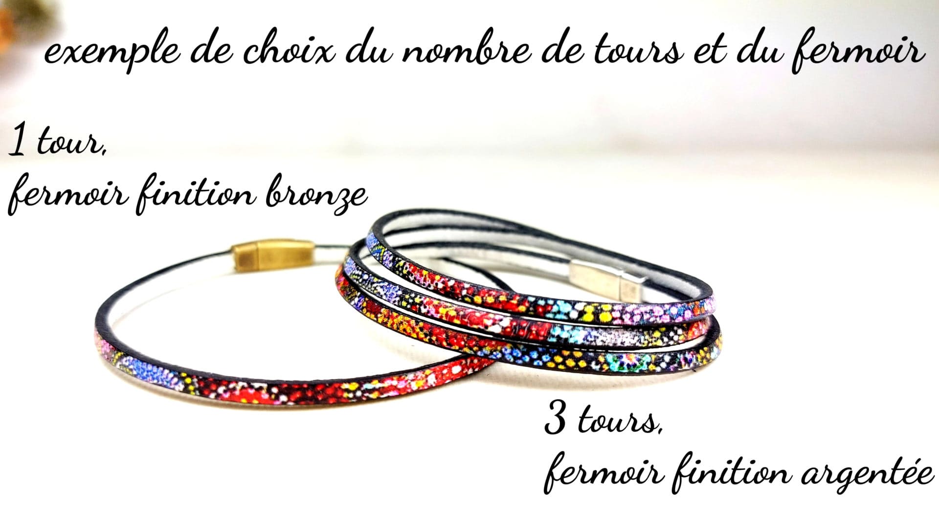 bracelet fin multitours noir moucheté nombre de tours au choix et fermoir au choix