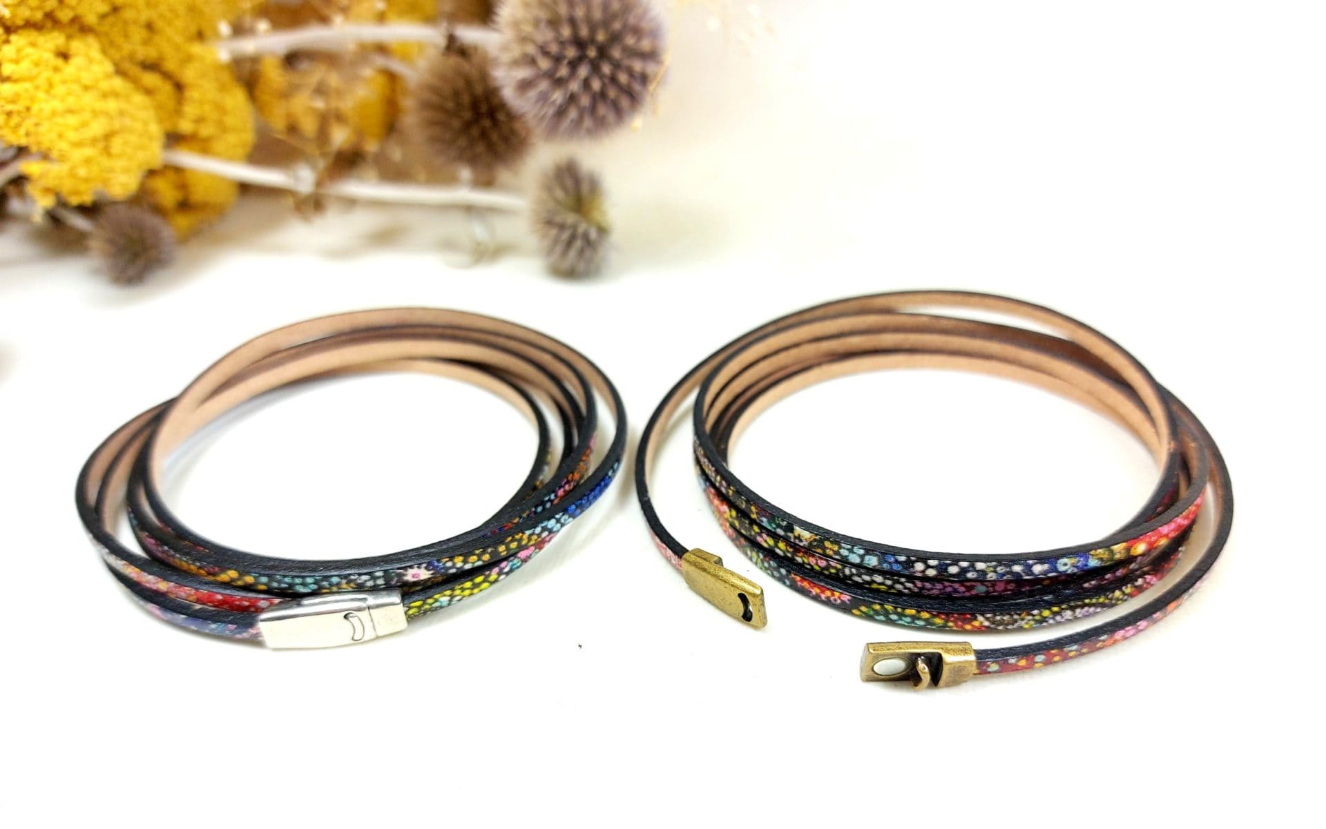 bracelet fin multitours noir moucheté fermoir au choix