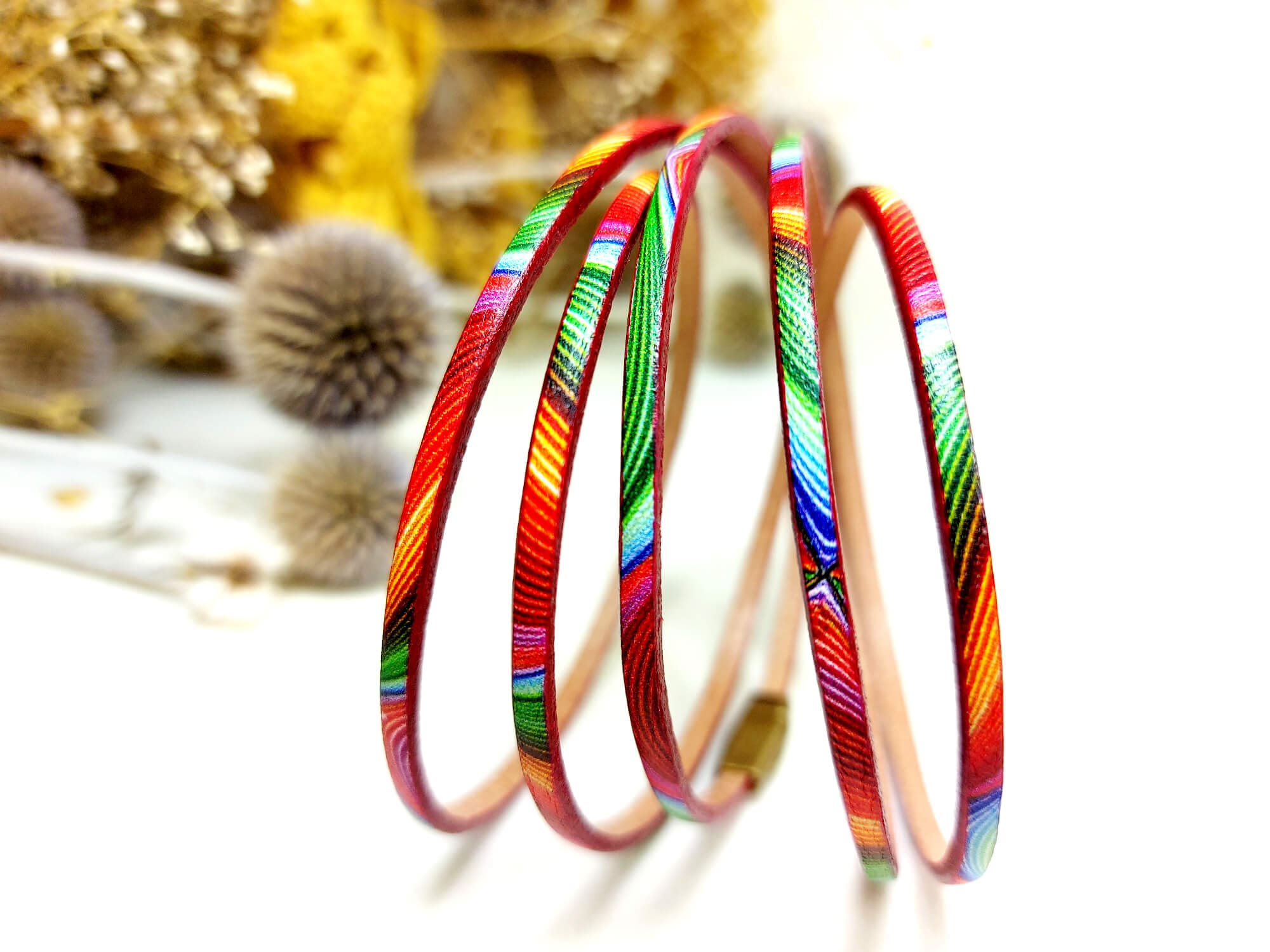 bracelet cuir multicolore rose vert bleu 5 tours