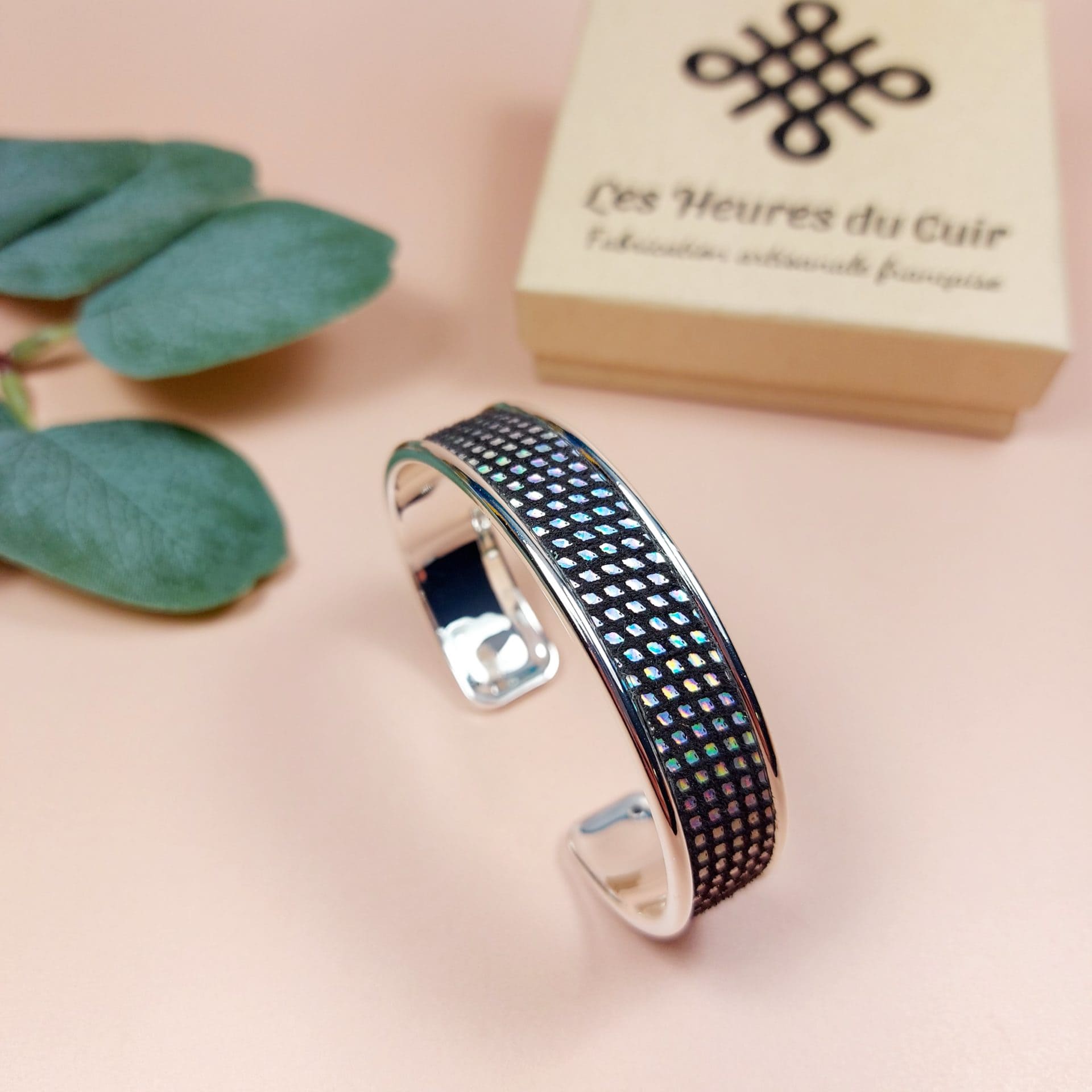 bracelet manchette jonc argenté cuir style disco bleu foncé pailleté