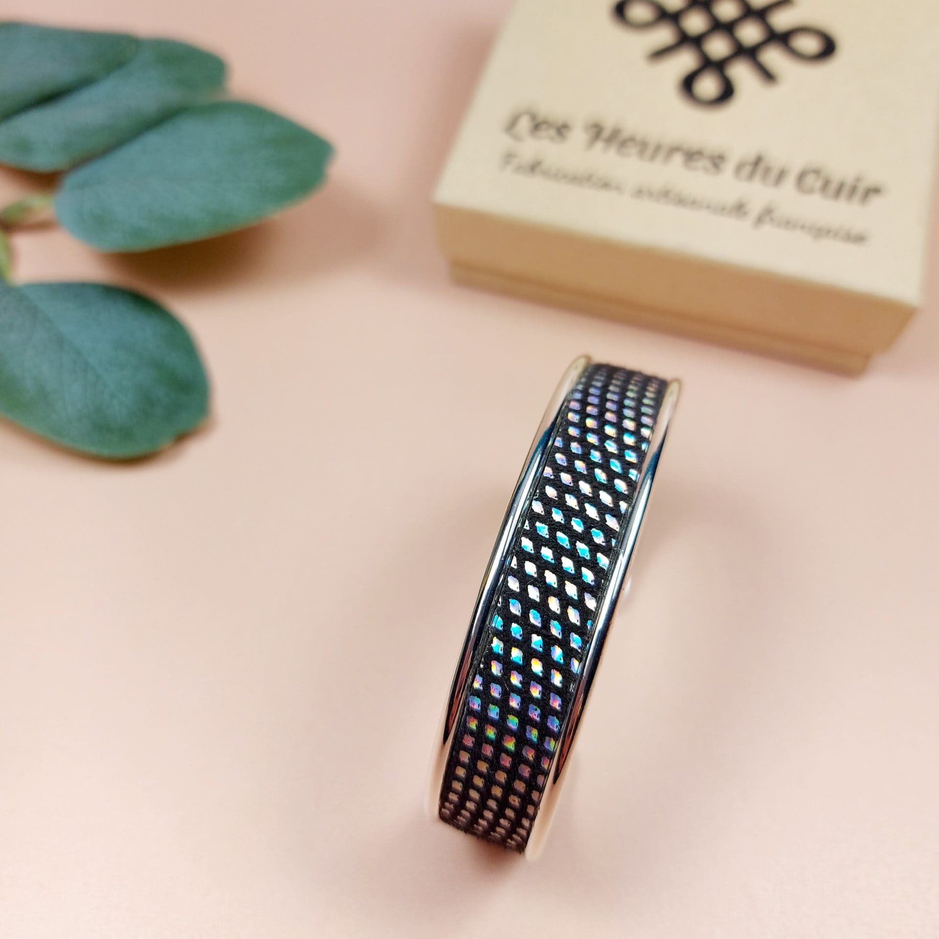 bracelet manchette jonc argenté cuir style disco bleu foncé pailleté