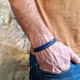 Cuir tressé en cuir bleu marine pour homme avec lanière bleue