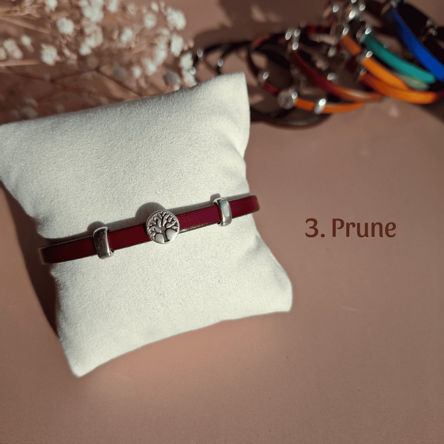 Bracelet arbre de vie fin cuir prune