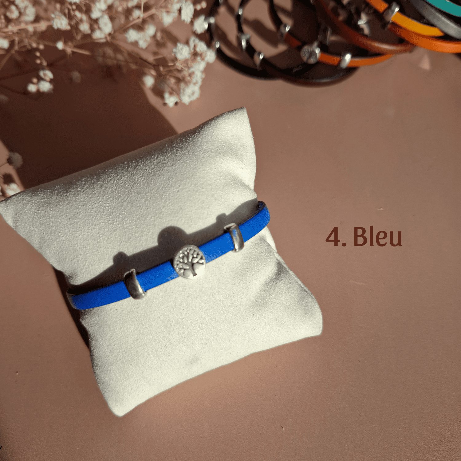 Bracelet arbre de vie fin cuir bleu