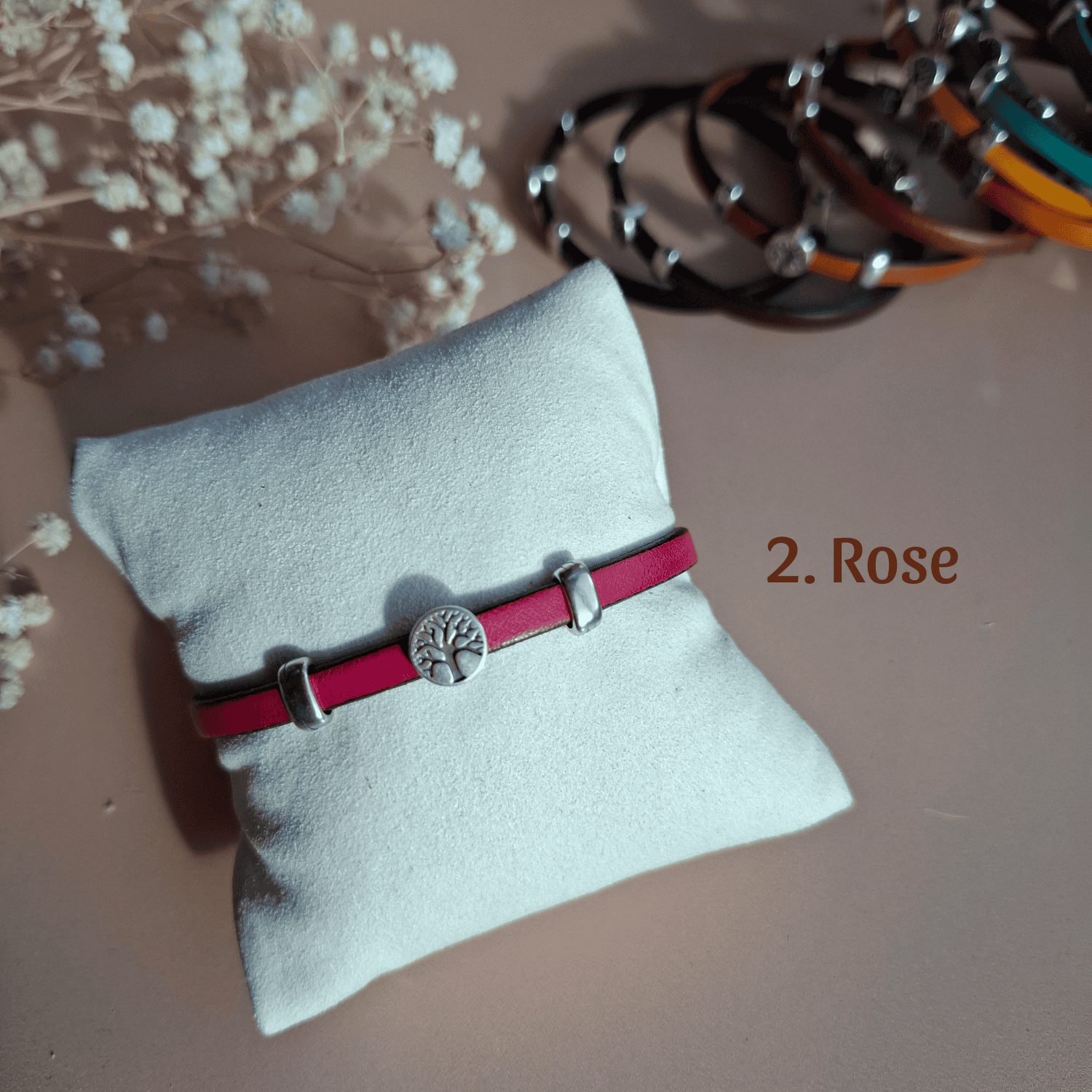 Bracelet arbre de vie fin cuir rose