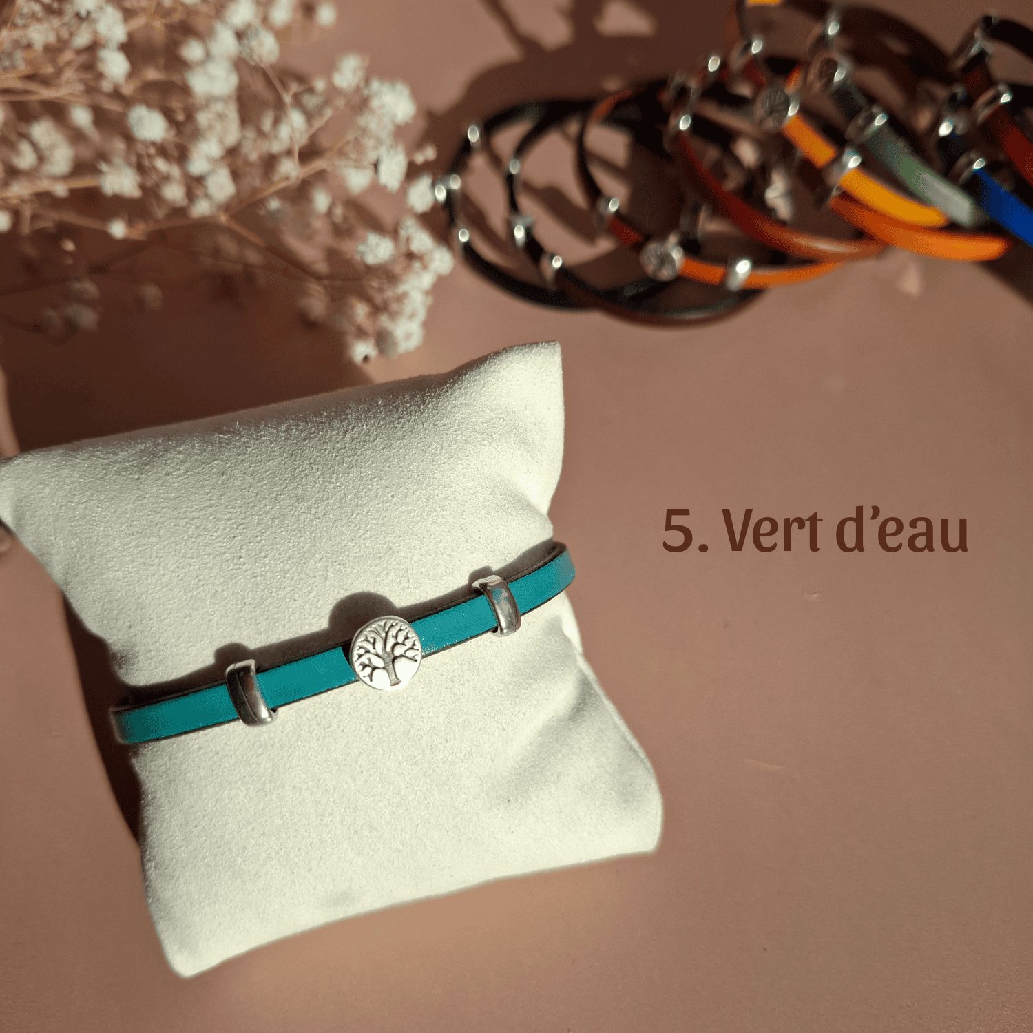 Bracelet arbre de vie fin cuir vert d'eau