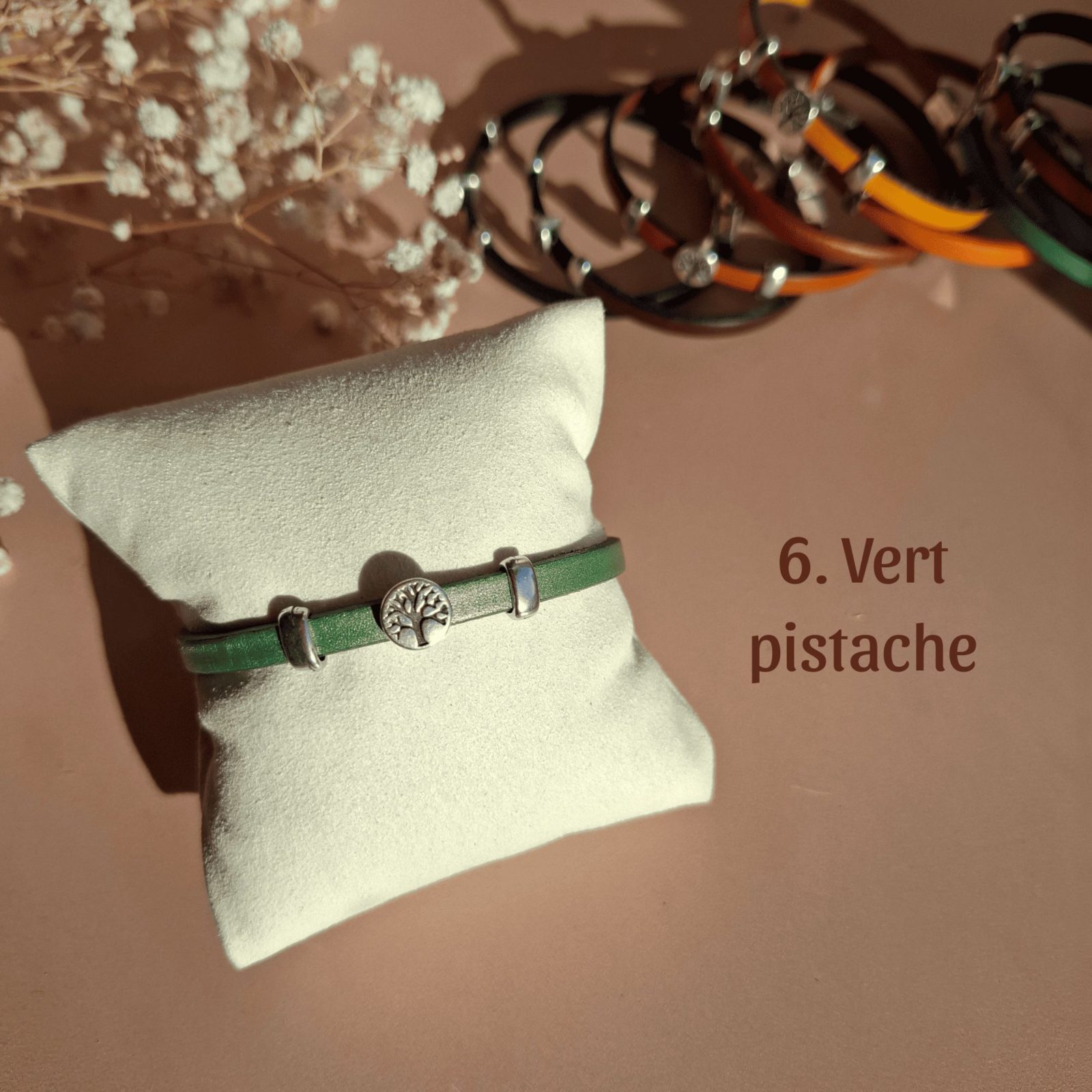 Bracelet arbre de vie fin cuir vert pistache