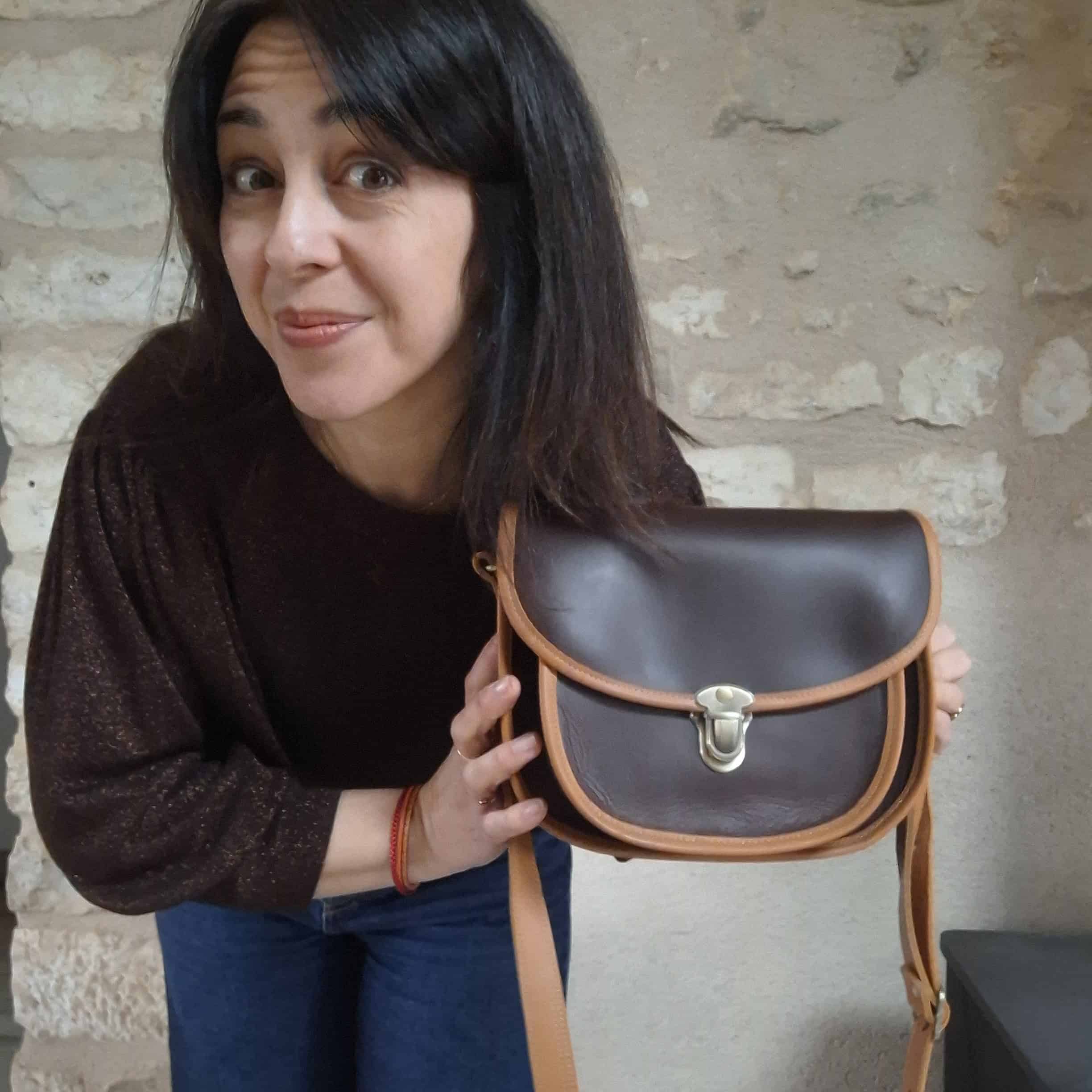 Besace en cuir marron et beige pour femme